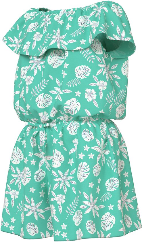 Zijaanzicht van een groene playsuit met tropische print en ruches bij de hals.