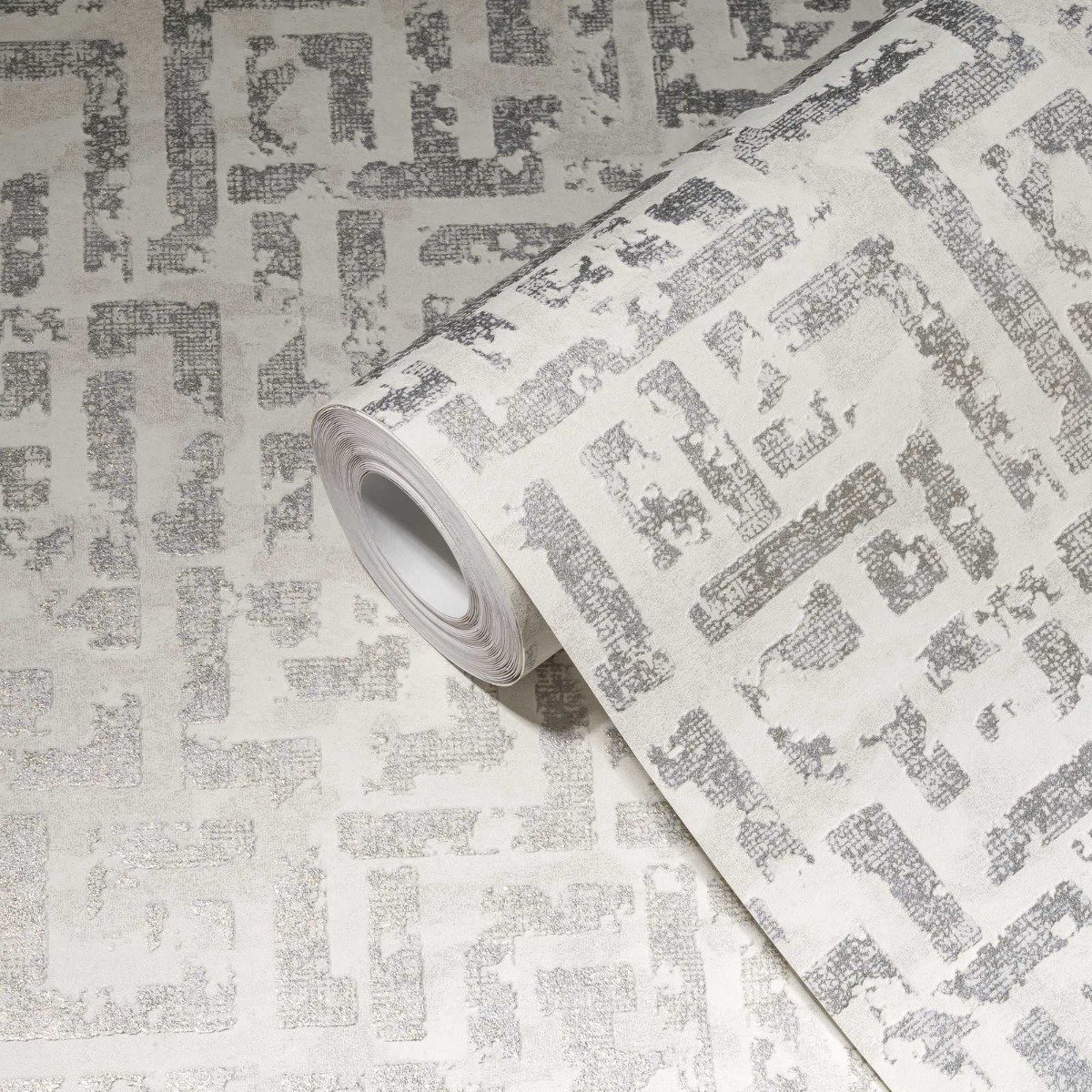 GEOMETRISCH STRUCTUUR BEHANG | Used Look - wit zilver - A.S. Création My Home My Spa