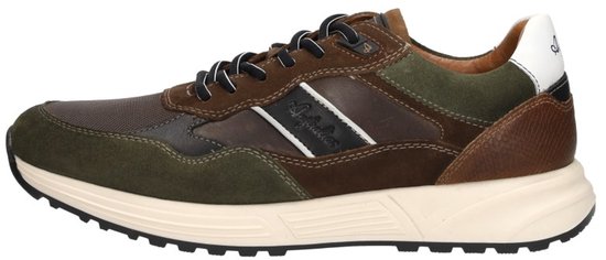 Groene en bruine leren lage veter schoen met witte strepen