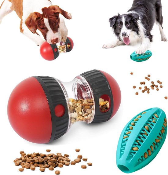 Prota Interactief Hondenspeelgoed – Traktatiedispenser Met Kauwspeeltje, Slim Voerspeeltje Voor Honden (Rood/Blauw)