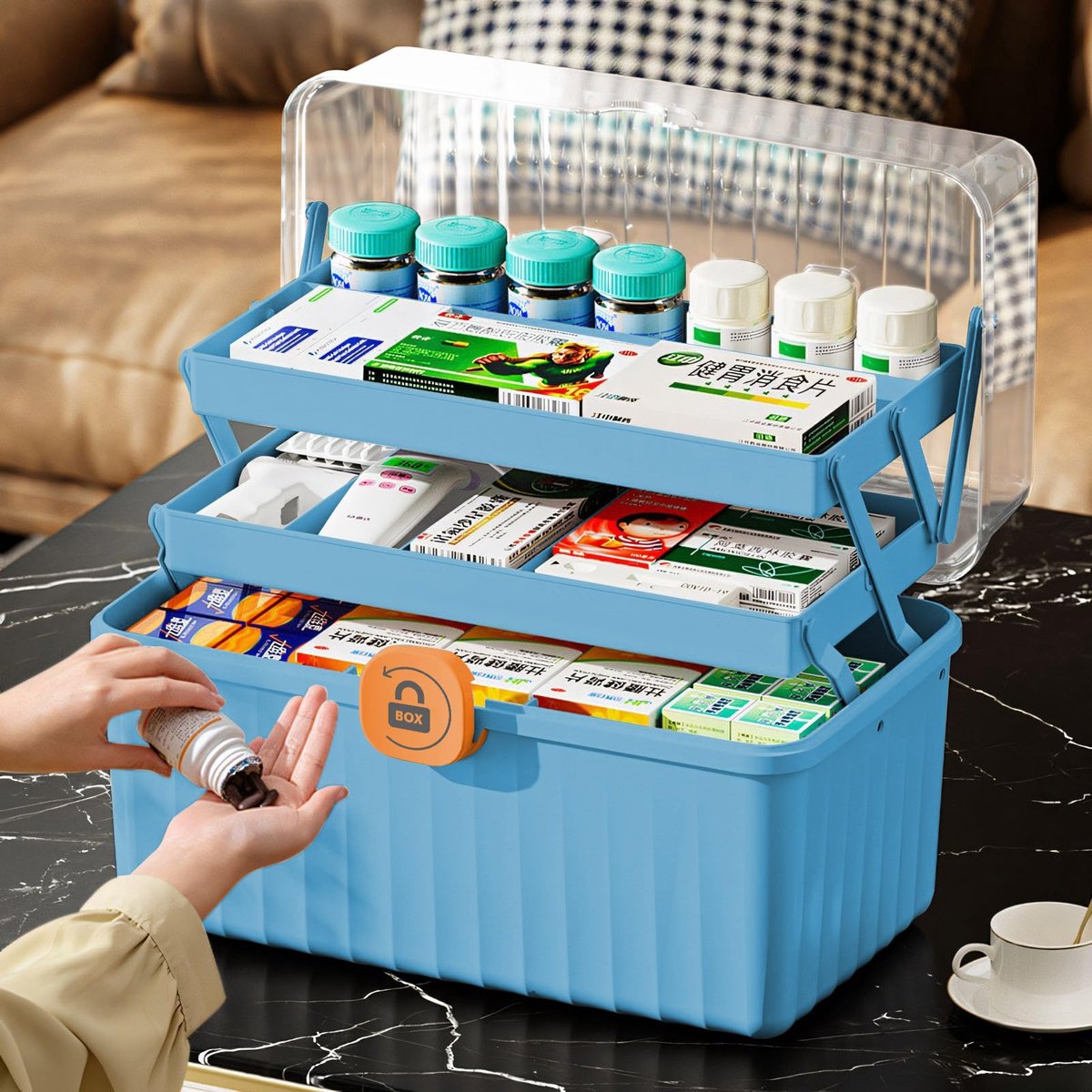 Ibenzoa® Blauwe multifunctionele opbergdoos met 3 lagen voor medicijnen en accessoires