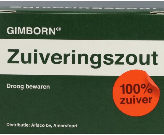 Gimborn Zuiveringszout, met tekst 'Droog bewaren' en rode cirkel '100% zuiver'.