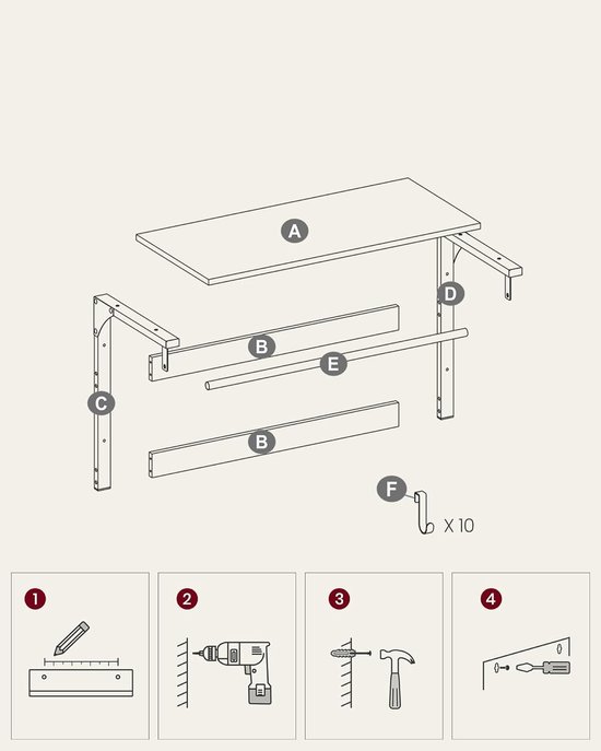 Montagehandleiding voor een wandkapstok met plank en 10 haken in eiken- en witkleur. Onderdelen A, B, C, D, E, F worden getoond.