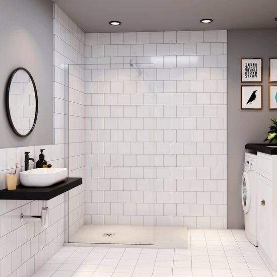 Douchewand Inloopdouche 66x185cm+N:90cm Stabilisatiestang,6mm nano veiligheidsglas Douchewand Inloopdouche,glanzend chroom profiel