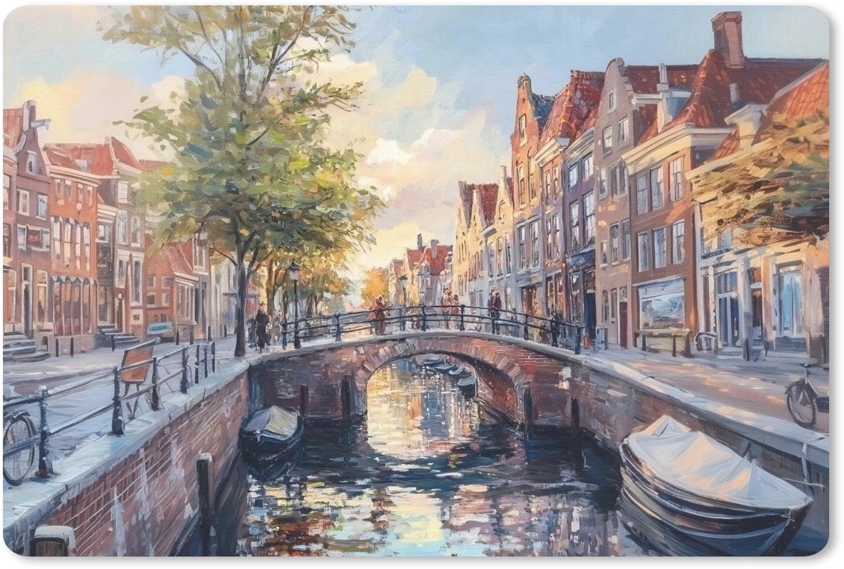 Muismat 27x18 cm - Mousepad Brug - Stad - Huizen - Boot - Muismatten