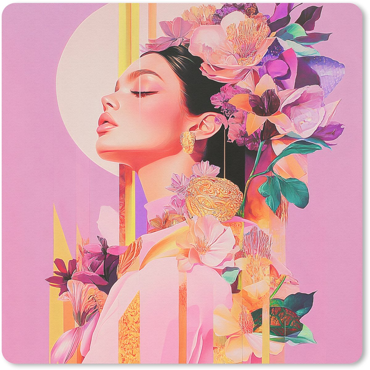 Muismat 20x20 cm - Mousepad Vrouw - Bloemen - Paars - Abstract - Muismatten