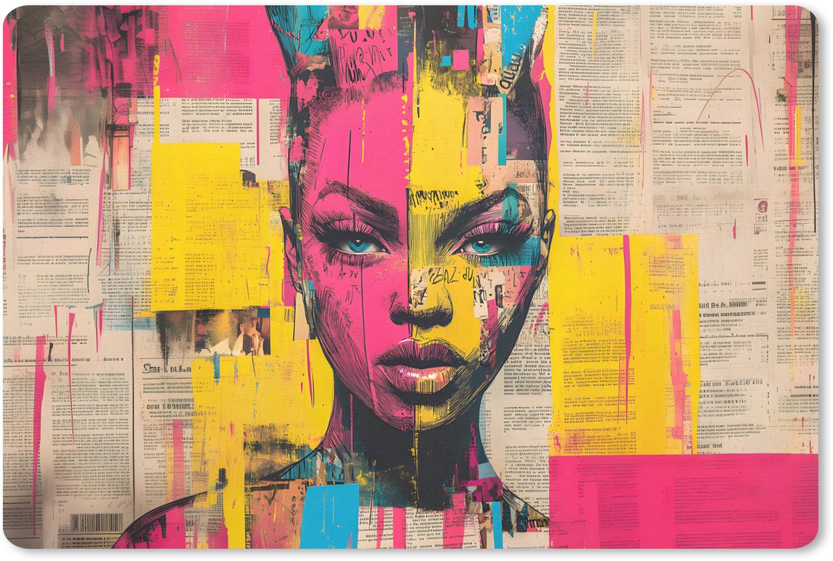 Muismat 27x18 cm - Mousepad Vrouwengezicht - Krantenpapier - Abstract - Roze - Muismatten