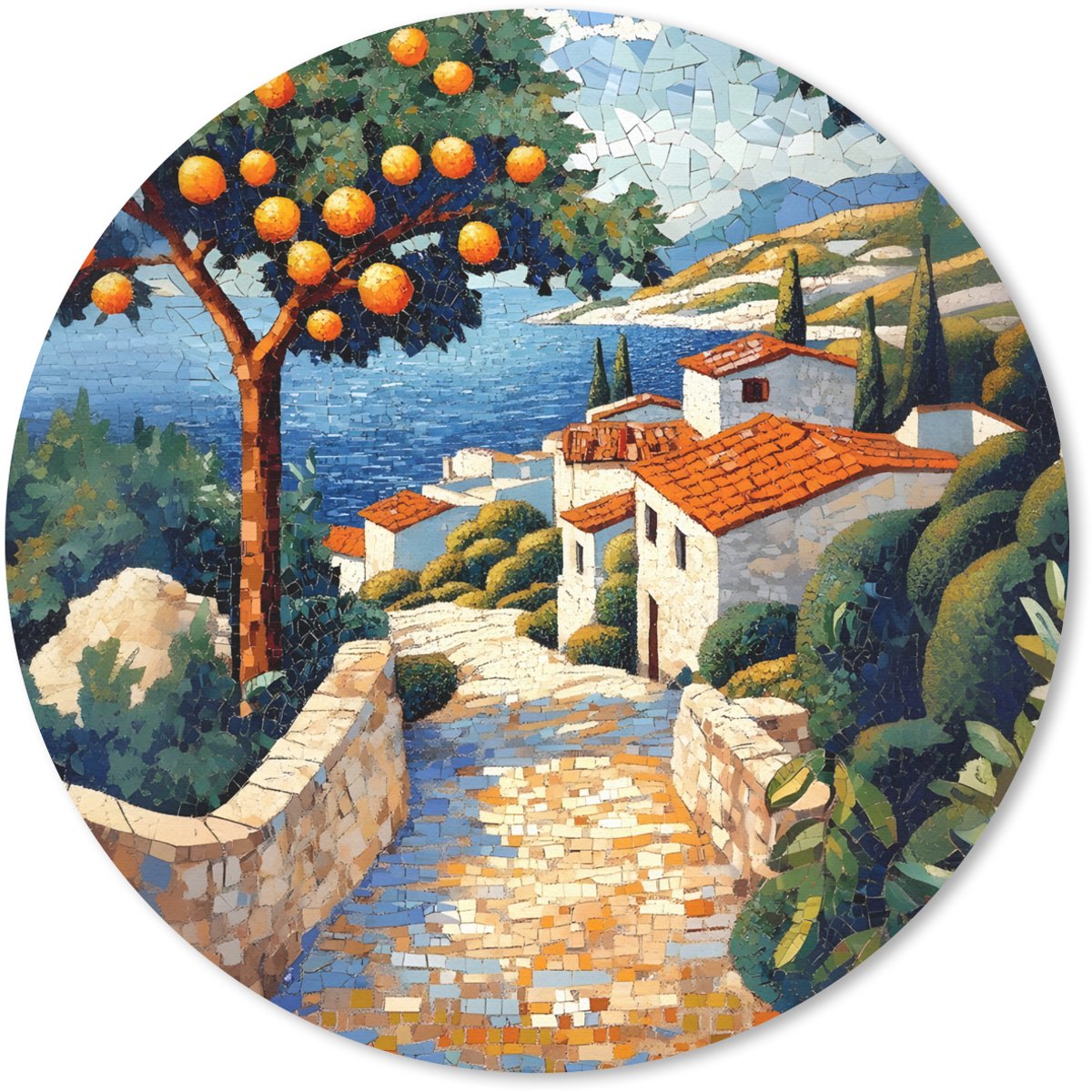 Muismat rond 40x40 cm - Mousepad Huizen - Mozaïek - Sinaasappelbomen - Zee - Ronde muismatten