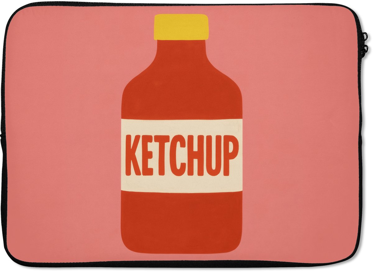 Laptophoes 14 inch - Ketchup - Fles - Rood - Minimalistisch - Laptop sleeve - Binnenmaat 33x23 cm - Zwarte achterkant