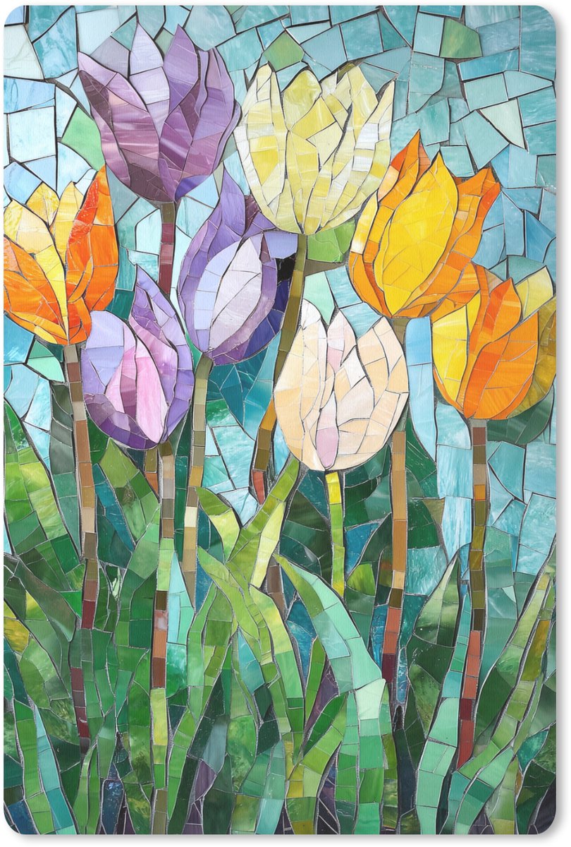 Muismat 18x27 cm - Mousepad Mozaïek - Veld - Tulpen - Kleurrijk - Muismatten