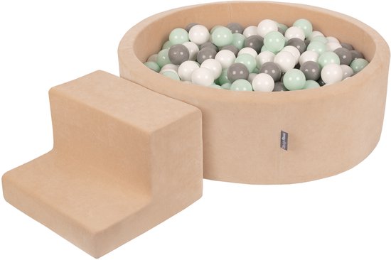 KiddyMoon Schuim speeltuin VELVET PPZP-OK30V-122 met zand beige ballen: wit-grijs-mint 200 zwembad/tribune