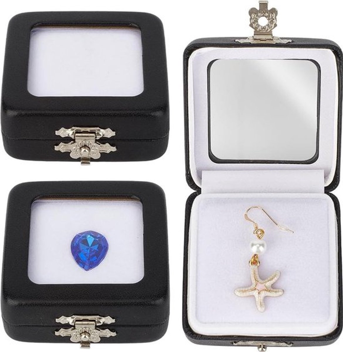 3 STKS PU Lederen Display Box - Zwarte Sieraden Show Dozen Case - Clear Sluiting Venster - Spons Opslag Display Houder - voor Ketting Decor Edelstenen Lapidary - Gift Verpakking - Formaat 6x5.7x2.4cm .