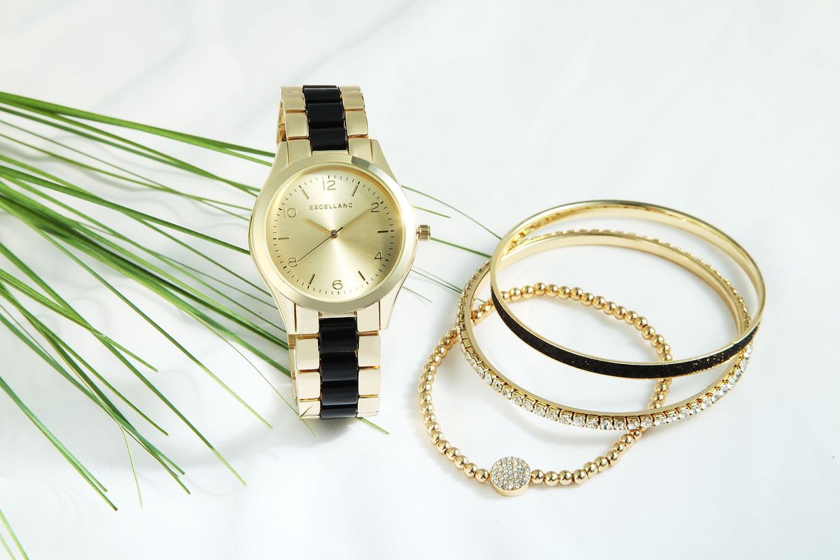 Excellanc dameshorloge geschenkset goud-zwart cadeauset horloge, drie armbanden
