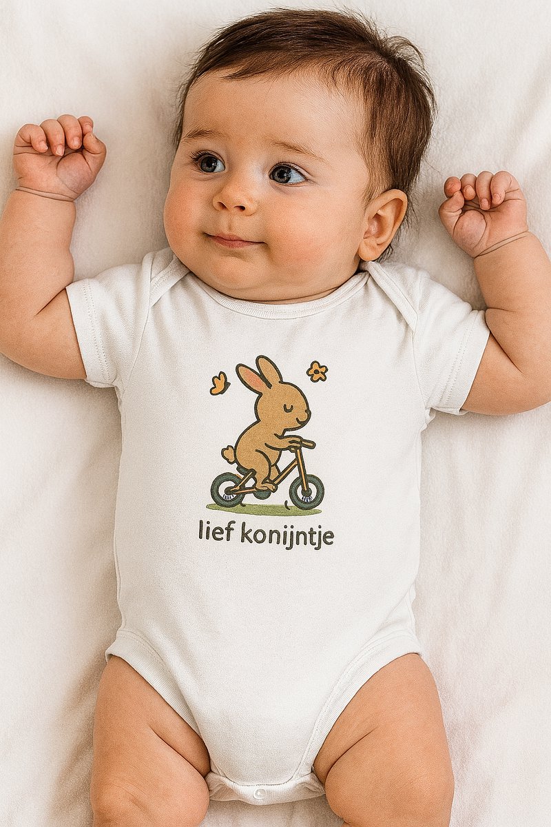 Baby Romper “Lief Konijntje” – Wit – Zacht Unisex Rompertje met Konijn Opdruk – 0-3 Maanden – Schattig Kraamcadeau
