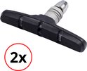 Zwarte V-brake remblok met zilverkleurige bevestiging en een rode cirkel met '2x'.