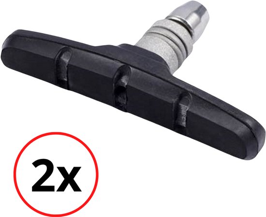 Zwarte V-brake remblok met zilverkleurige bevestiging en een rode cirkel met '2x'.