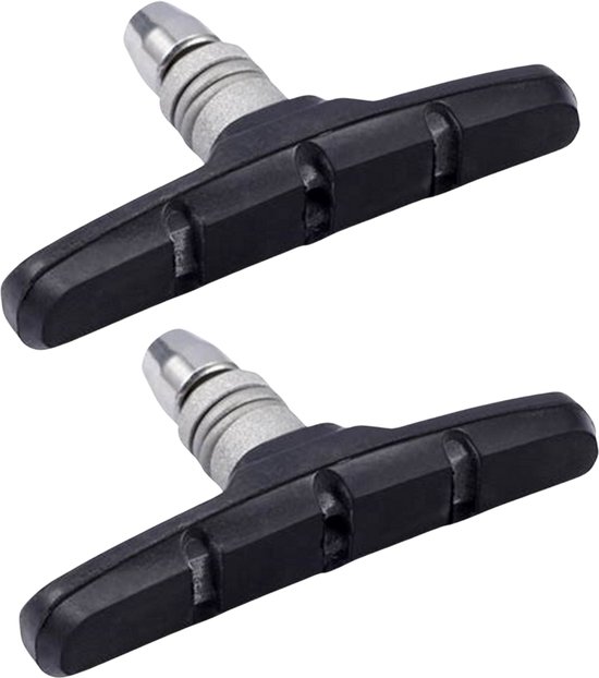 Twee zwarte V-brake remblokken met metalen stalen bouten.