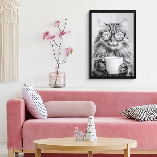 Affiche encadrée - Cadre photo 40x60 cm - Posters - Chat - Verres - Mug - Duveteux - Cadre poster noir - Décoration - Décoration murale salon - Décoration murale chambre