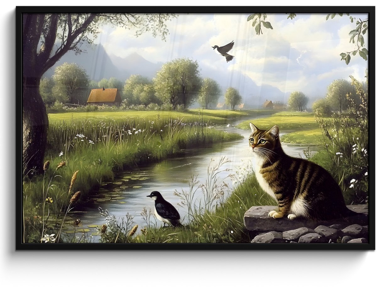 FrameYourWall Poster in lijst - Fotolijst 120x80 cm - Posters - Kat - Beekje - Weide - Posterlijst zwart - Decoratie - Wanddecoratie woonkamer - Muurdecoratie slaapkamer Kat - Natuur