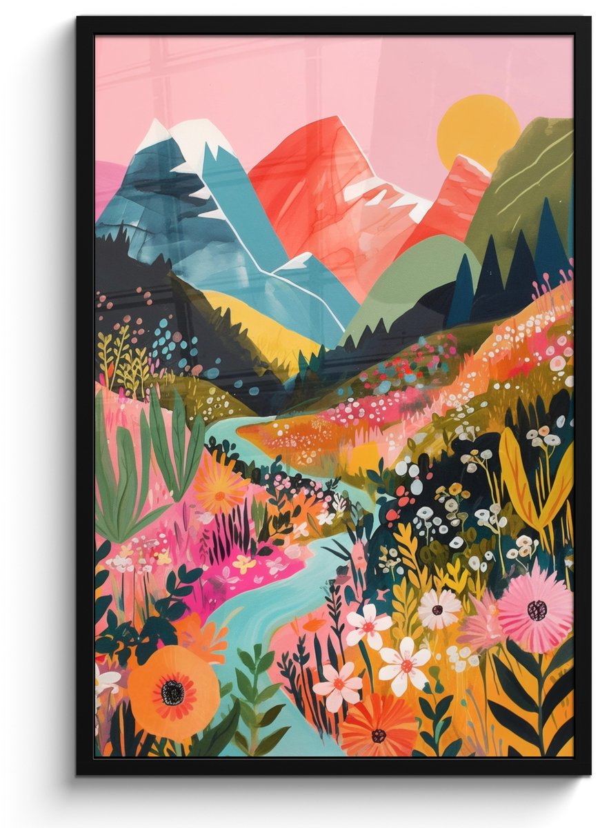 FrameYourWall Poster in lijst - Fotolijst 60x90 cm - Posters - Rivier - Diepte - Bloemen - Posterlijst zwart - Decoratie - Wanddecoratie woonkamer - Muurdecoratie slaapkamer Rivier - Bergen - Kleurrijk