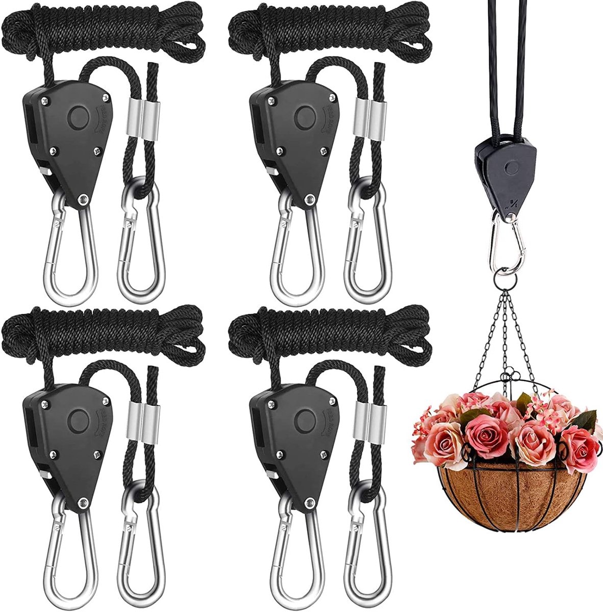 Kledinghangers met touwclips, 4-pack, 0,32 inch versterkte, verstelbare hoogte, anti-loslaatontwerp, tandwielclips, voor kweeklampen, hangplanten, draagvermogen 150 lb