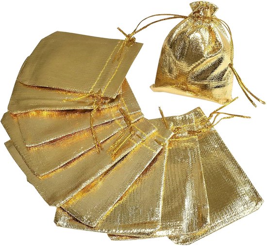 MaoNativey 50 Stuks Organza Sieraden Zakjes Met Gouden Hart Print en Trekkoord 9x12cm - Perfect Voor Bruiloft, Kerstmis, Verjaardag, Jubileum