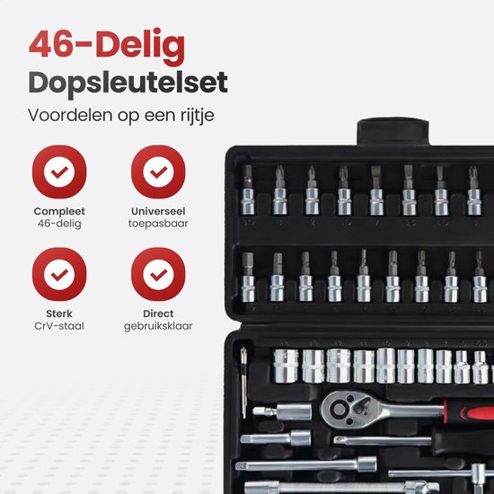Zwarte gereedschapskist met 46 delen, open met mat grijze en rode elementen, met checklist ernaast.