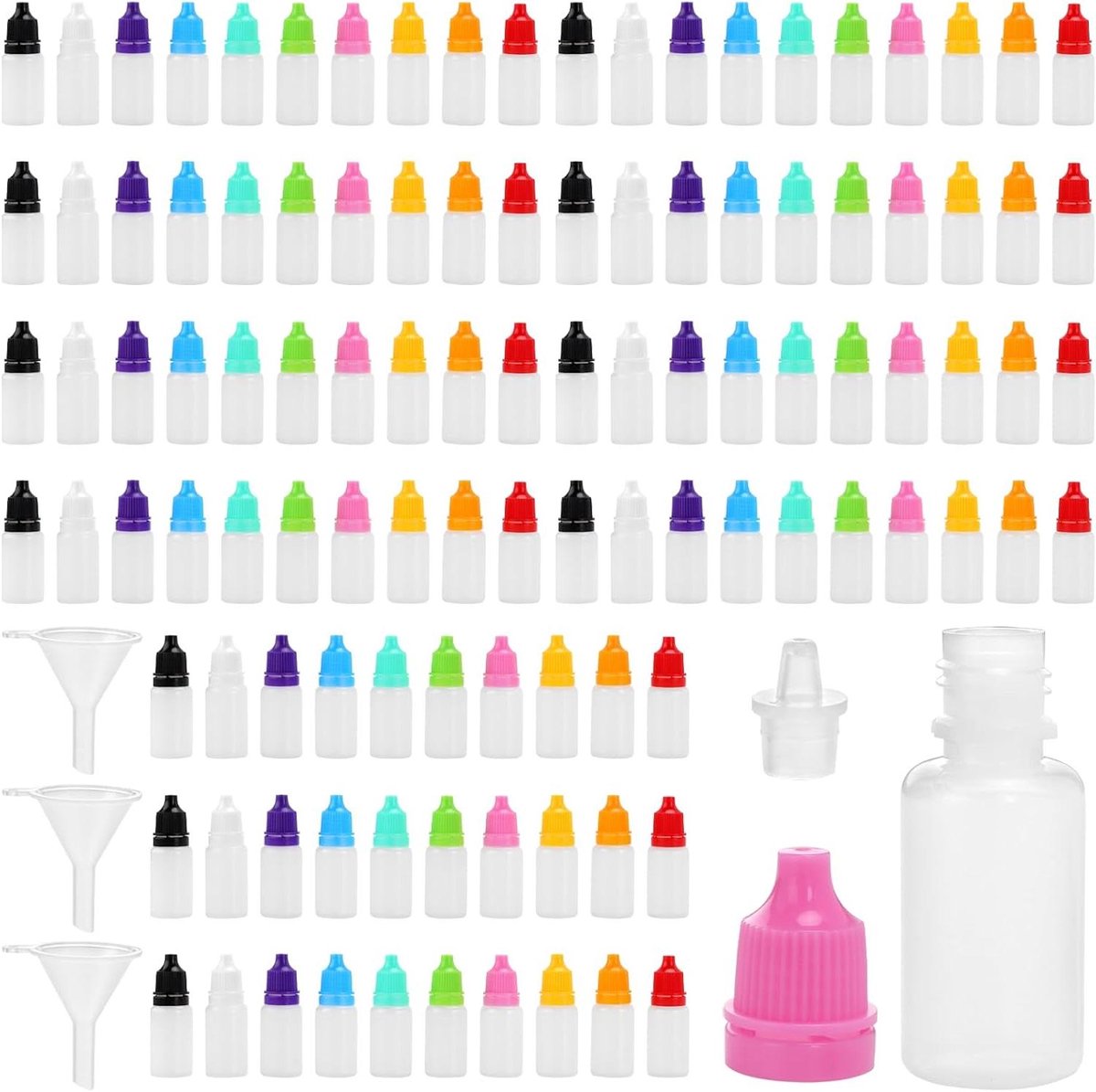 Allecto plus - 250 stuks plastic druppelflesjes 10 ml met trechters - Transparante knijpbare flesjes met kleurrijke doppen voor doe-het-zelf projecten - Vloeibare opslag