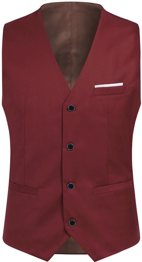 Donkerrode gilet met vier knopen, borstzakje met witte bies en bruine voering.