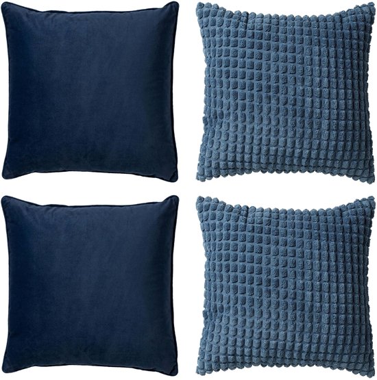 Dutch Decor - KUSSENSET - 4-delig - Texture Harmony - 45x45 cm - inclusief binnenkussens - blauw - Met Ritssluiting – Decoratie Kussens - Comfortabele kussentjes voor op de Bank
