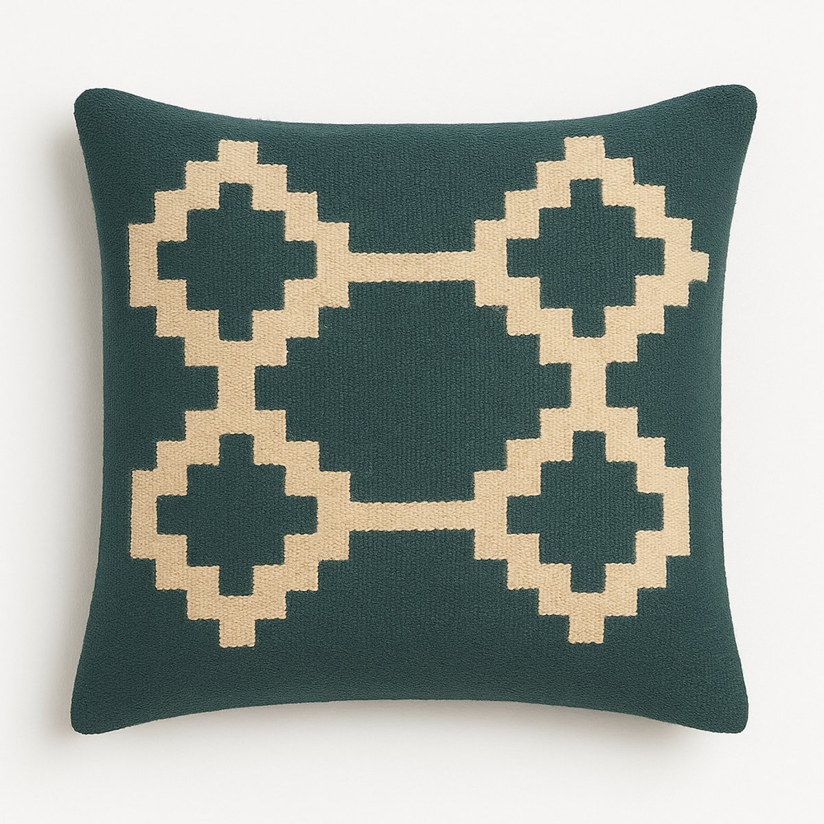 Handgemaakte Egyptische Wollen Kussenhoes 40×40 cm – “Senon” Diamantpatroon – Groen & Crème – Met Rits – Exclusief Binnenkussen