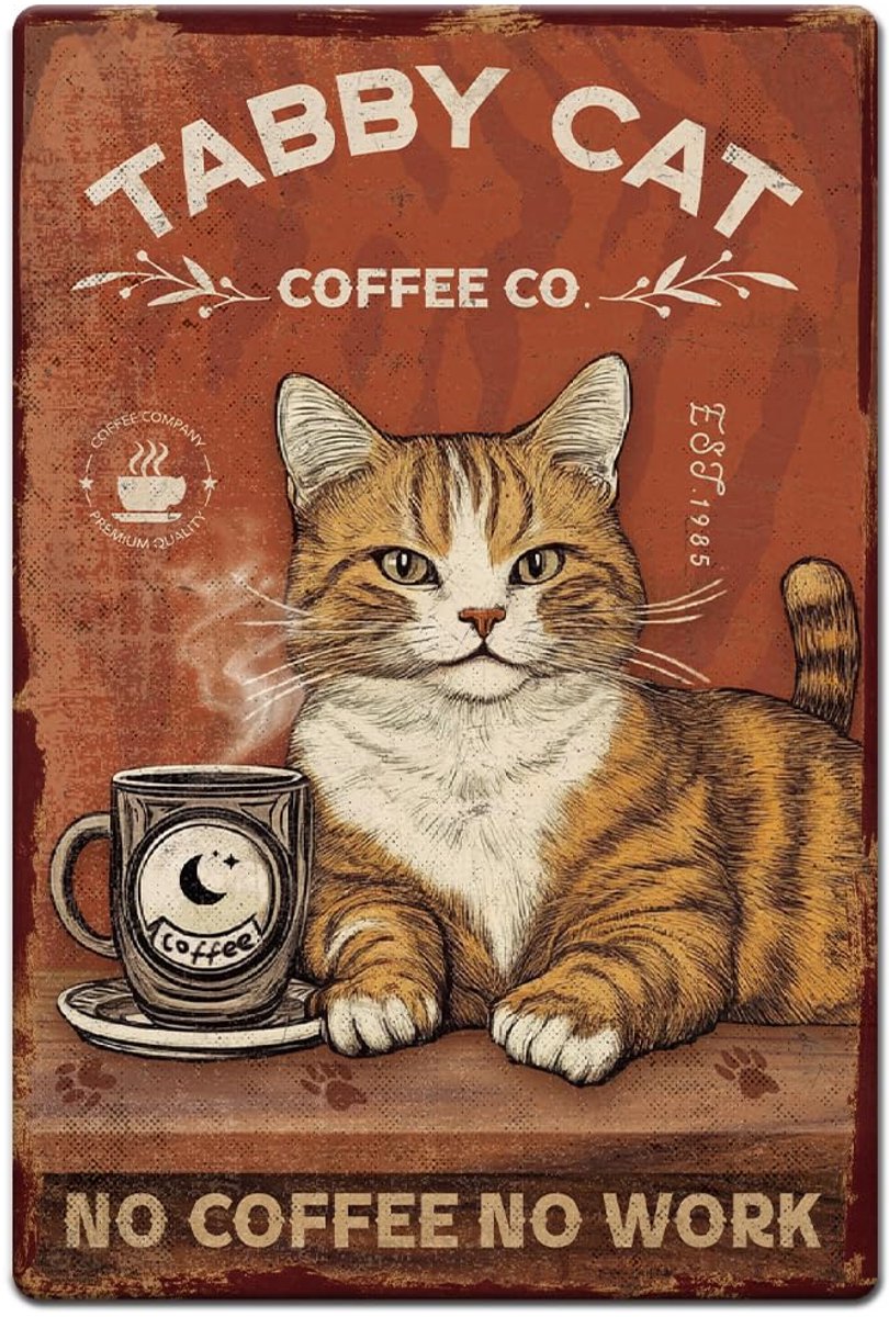 Ibenzoa Vintage metalen wandbord met kat en koffie voor huis en café decoratie Bruin