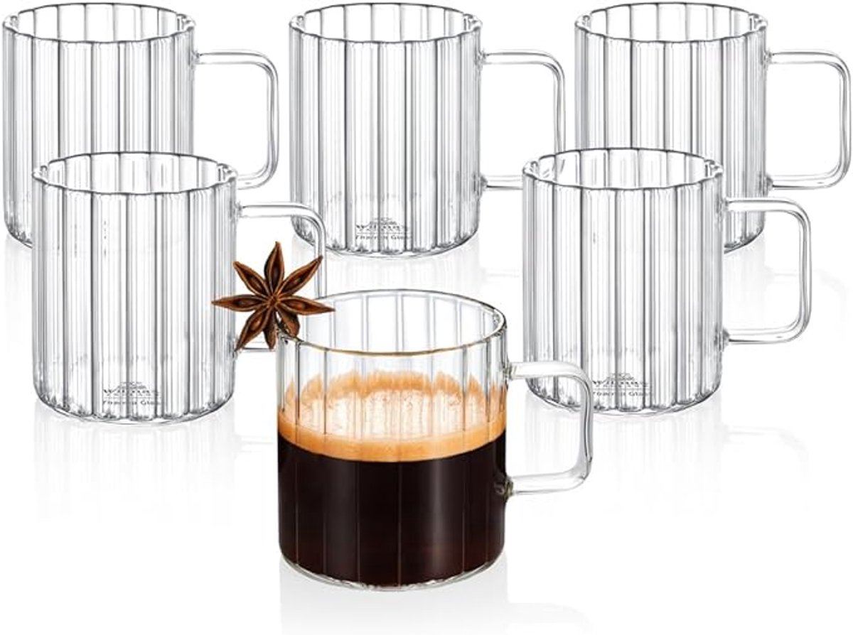 Wilmax Theeglazen Set – 6 Stuks – Theeglas – Theekopjes – Set van 6 – Theeglas 300ml – Glas – Theeglazen met Oor/Handvat