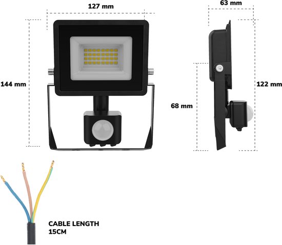 20W LED-schijnwerper Voor Buiten IP65 ZWART Met Bewegingsmelder In De Schemering Blanc Froid 6000k 8000k