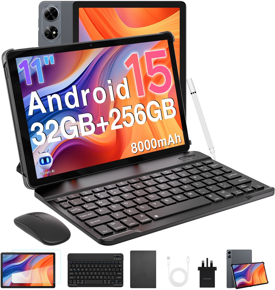 DOOGEE Tab G6 + Tablet met Keyboard Slot SIM Kaart Android 15 11" FHD + 90HZ 8Go + 256Go 8000mAh Gemini AI Unisoc T7280 - Grijs