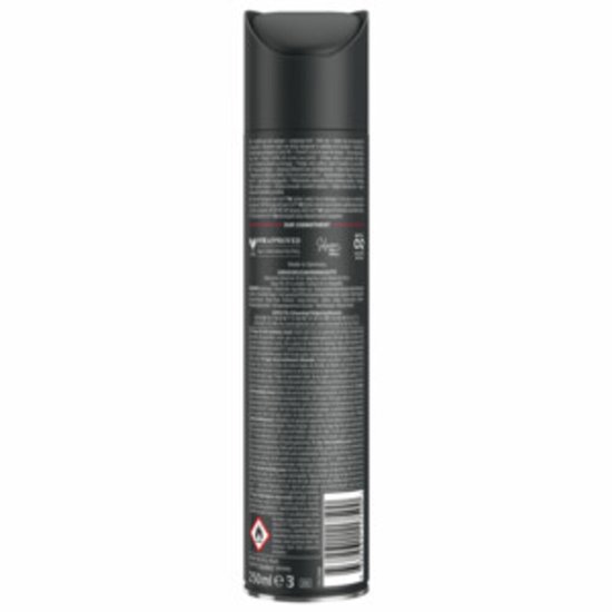Achterkant van een zwarte Taft Power haarsprayfles met productinformatie.