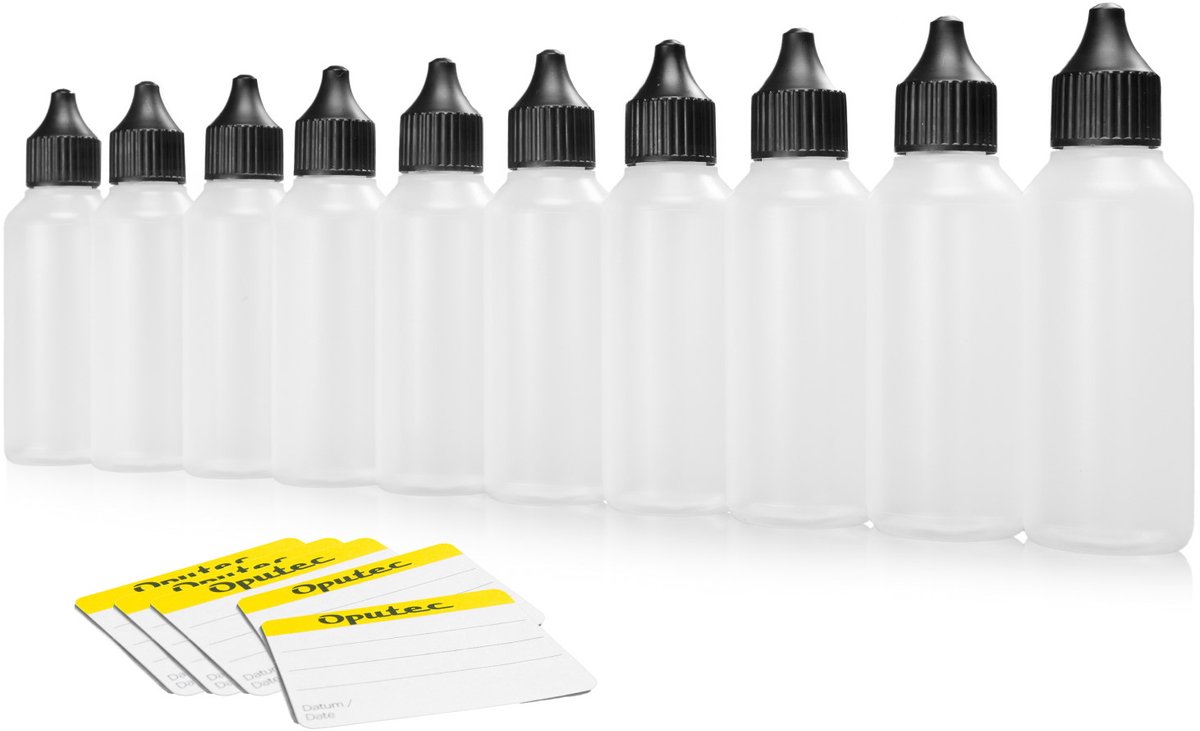Oputec 10× 50 ml druppelflessen – PE doseerflessen – levensmiddelveilig + etiketten