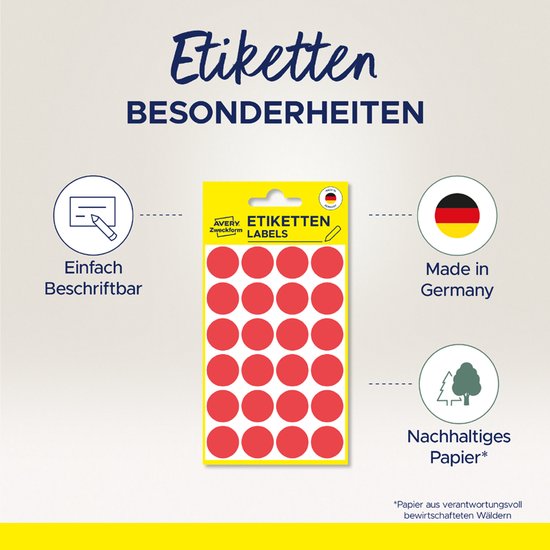 Verpakking met rode ronde etiketten, 'Made in Germany' en 'Duurzaam Papier'.