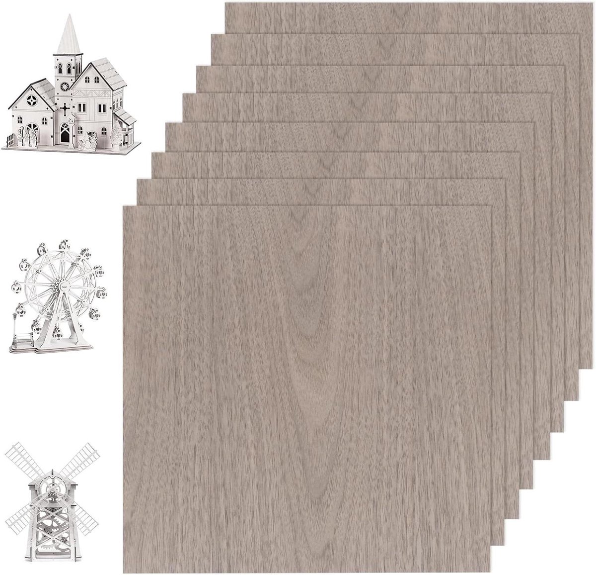 8 stuks 3mm walnoothouten multiplexplaten - 300 x 300 mm - Op maat gesneden - Decoratie/Knutselen/CNC - Laserhout