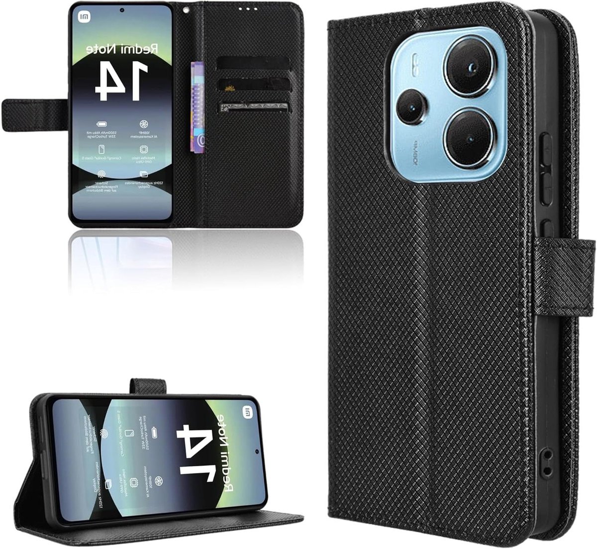 Portefeuille Flip Case Xiaomi Redmi Note 14 4G - Zwarte premium beschermhoes met koolstofvezel