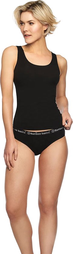 Zwarte dames singlet met 'Bamboo Basics' logo op de band van bijpassende slip.