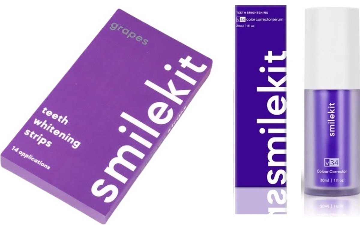 Goedkoopste SmileKit - Tandenbleekset - Grapes Whitening Strips & V34 Colour Corrector Serum - 100 Peroxide Vrij - PAP - Tandenbleekstrips - Paarse tandpasta -Whitestrips - Hismile