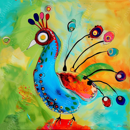 JJ-Art (Aluminium) 100x100 | Pauw in vrolijke kleuren, kleurrijk, abstract, kunst | vogel, dier, vierkant, groen, blauw, rood, geel, modern | foto-schilderij op dibond, metaal wanddecoratie