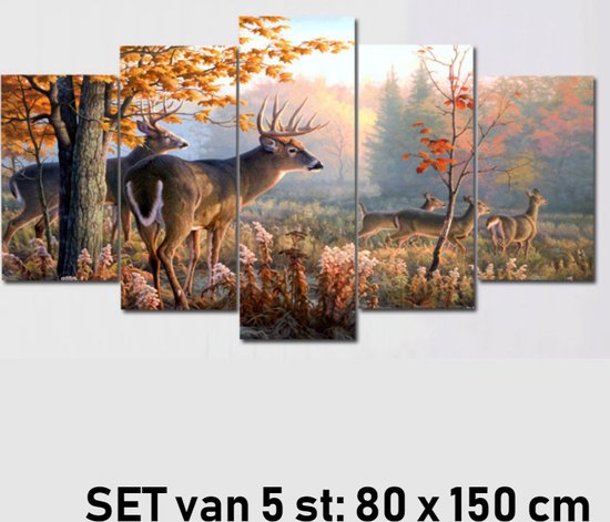 Allernieuwste.nl® 5-luik Canvas Schilderij Wild in Natuur Bos - Kunst aan je Muur - Kleur - SET 5-delig - 80 x 150 cm