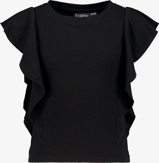 TwoDay meisjes rib T-shirt met ruches zwart - Maat 170