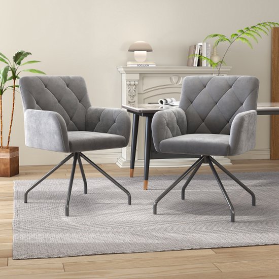 Set de 2 chaises de salle à manger avec motif losange, fauteuil rembourré avec 4 pieds en métal, chaise longue moderne, chaise de salon pour chambre, bureau et bureau, support lombaire, velours, gris clair