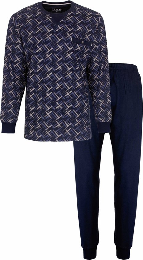 MEQ - Heren Pyjama - Geprint Dessin - Ronde Hals - Donker Blauw. - Maat XXL