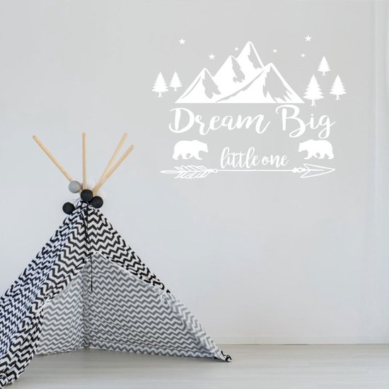 Muursticker Dream big little one met bergen - Geel - 140 x 105 cm baby en kinderkamer - teksten en gedichten muurstickers baby en kinderkamer
