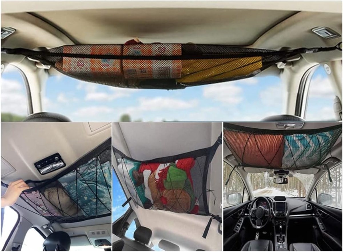 Filet De Rangement Voiture, 90×65cm Filet De Rangement Toit Et 3 Poches Zippées, Pour à La Plupart Des Véhicules Courants, SUV, Van, Jeep