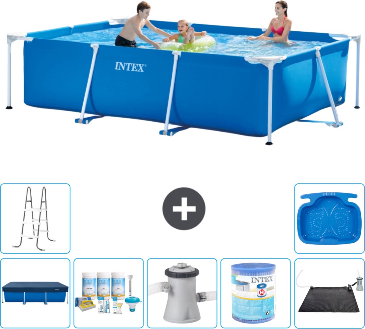Intex Rechthoekig Frame Zwembad – 300 x 200 x 75 cm – Blauw – Inclusief Afdekzeil – Onderhoudspakket – Zwembadfilterpomp – Filter – Solar Mat – Ladder – Voetenbad